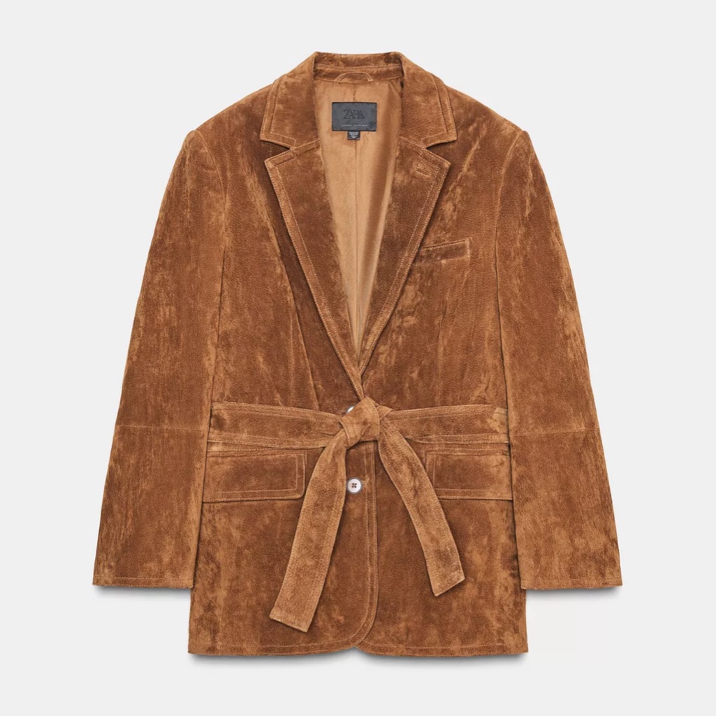 Zara 100% Suede Leather Jacket Xs-S 4341/747 Brown Coat Tie